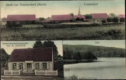 Ak Teschendorf in der Mark, Gesamtansicht, Geschäftshaus A. Jaeger, See