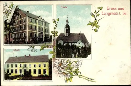Ak Langenau Brand Erbisdorf in Sachsen, Kirche, Schule, Gasthaus