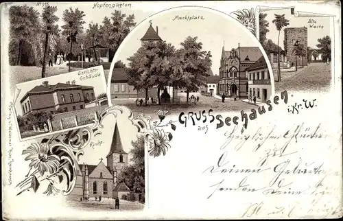 Litho Seehausen Wanzleben Börde in Sachsen Anhalt, Hopfengarten, Marktplatz, Gericht, Kirche