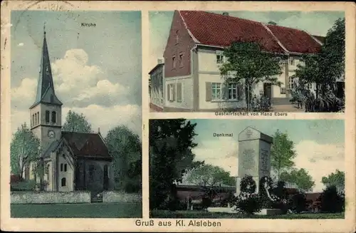 Ak Klein Alsleben Oschersleben an der Bode, Kirche, Gastwirtschaft Hans Ebers, Denkmal