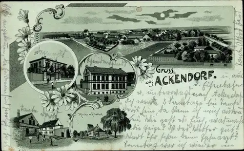 Mondschein Litho Ackendorf in der Börde, Panorama, Kirche, Friedhof, Teilansichten