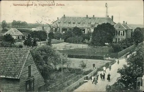 Ak Zetten Gelderland Niederlande, Normaalschool in Vogelvlucht, Molen