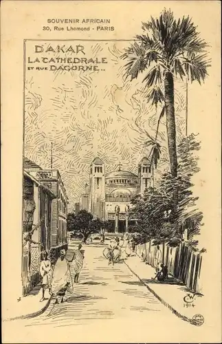 Künstler Ak Dakar Senegal, Kathedrale, Rue Dagorne