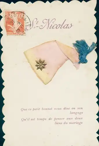 Stoff Ak Mütze mit Stern verziert, Sankt Nicolas