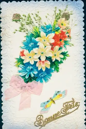 Präge Ak Glückwunsch, Blumenstrauß, Schleife, Schmetterling