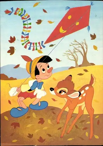 Künstler Ak Disney, Bambi, Pinocchio, Drachen, Stinktier Blume