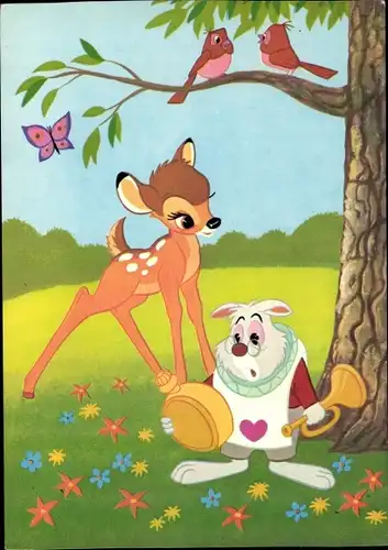 Künstler Ak Disney, Bambi, Vögel, Weißer Hase, Alice im Wunderland