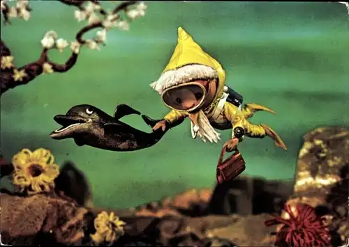 Ak Unser Sandmännchen, Sandmann, DDR Kinderfernsehen, Taucher, Delfin, 6802