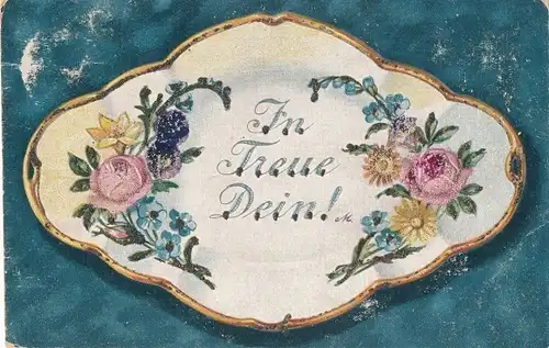 Glitzer Ak In Treue Dein, Liebe, Blumen, Rosen, Vergissmeinnicht