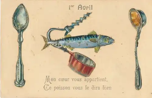 Glitzer Ak Glückwunsch 1. April, Fisch, Löffel, Kochtopf