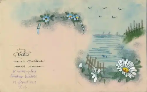 Zelluloid Ak Vergissmeinnicht, Margeriten, Fluss, Vögel