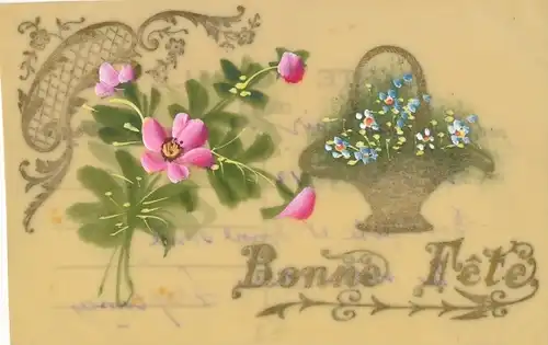 Zelluloid Ak Glückwunsch, Blühende Blumen, Blumenkorb, Vergissmeinnicht