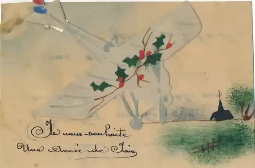 Zelluloid Ak Flugzeug, Stechpalme, Kirche, Kitsch