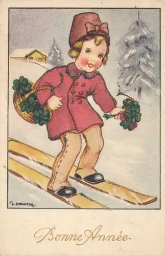 Glitzer Künstler Ak Gougeon, L., Glückwunsch Neujahr, Mädchen fährt Ski, Glücksklee