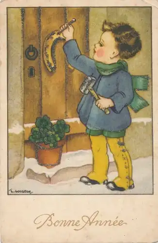 Glitzer Künstler Ak Gougeon, L., Glückwunsch Neujahr, Junge hängt einen Hufeisen an die Tür