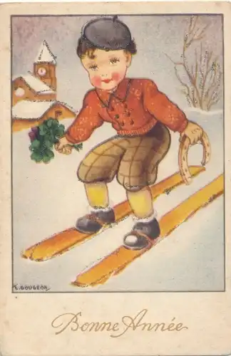 Glitzer Künstler Ak Gougeon, L., Glückwunsch Neujahr, Junge fährt Ski, Hufeisen, Glücksklee