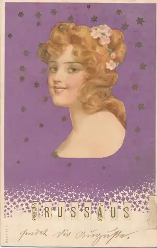 Ak Gemaltes Portrait einer Frau, Blumen in Haaren, Sterne