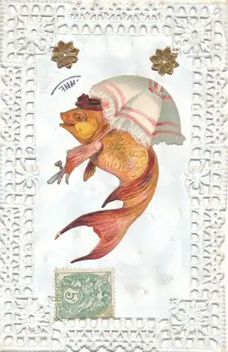 Ak Glückwunsch, Fisch mit Sonnenschirm