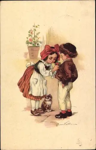 Künstler Ak Martelli, Liebespaar, Abschied, Geschenk, Katze