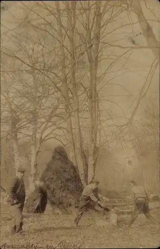 Foto Ak Männer sägen ein Holzstück, Bäume, Säge
