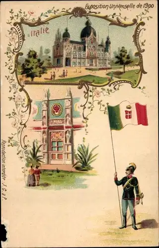 Litho Weltausstellung 1900, Italien, Soldat mit Fahne
