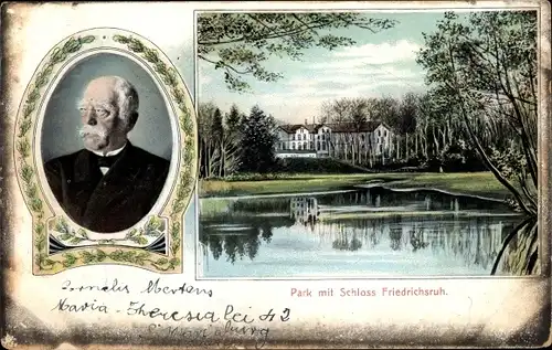 Ak Friedrichsruh Aumühle in Lauenburg, Park mit Schloss, Porträt Fürst Bismarck