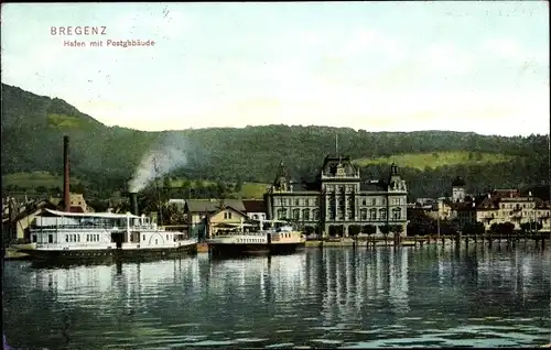 Ak Bregenz am Bodensee Vorarlberg, Hafen, Postgebäude, Dampfer