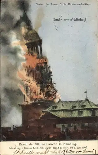 Ak Hamburg, Brand der Michaeliskirche 03. Juli 1906, einstürzender Turm