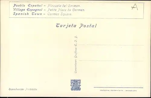 Ak Exposicion Internacional de Barcelona 1929, Plazuela del Carmen, Pueblo Espagnol