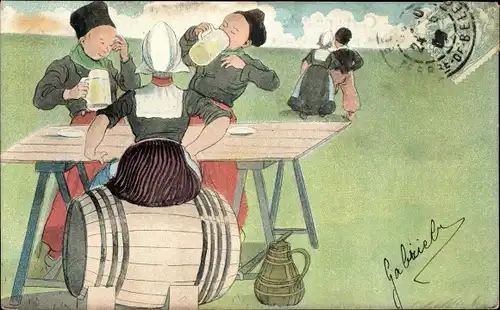 Künstler Litho Kinder trinken Bier, Bierkrug, Liebespaar, Niederländische Tracht