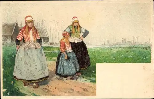 Künstler Litho Cassiers, H., Mädchen in niederländischen Trachten, Spaziergang