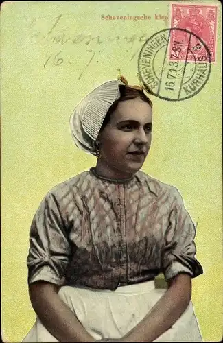 Ak Scheveningen Den Haag Südholland, Frau in niederländischer Volkstracht
