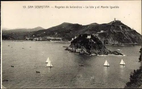 Ak Donostia San Sebastian Baskenland, Bucht, Insel, Berg Igueldo, Segelregatta