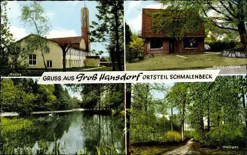 Ak Schmalenbeck Großhansdorf in Schleswig Holstein, Kirche, Werkkunstdiele, Waldweg, See
