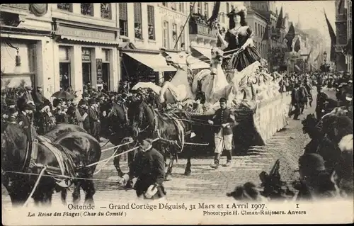 Ak Oostende Ostende Westflandern, Grand Cortege Deguise, 31 Mars et 1 Avril 1907, Reine des Plages