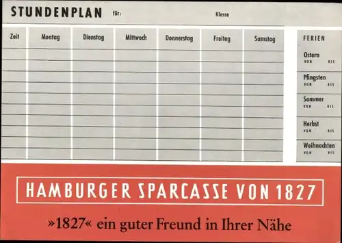 Stundenplan Neue Sparkasse Hamburg, Tiere des Waldes Eichhörnchen Marder etc. um 1960