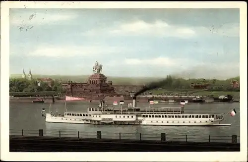 Ak Koblenz am Rhein, Deutsches Eck, Dampfer Glückauf, Duisburg Ruhrorter Personenschifffahrt Luwen