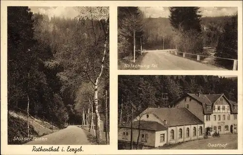 Ak Rothenthal Olbernhau im Erzgebirge, Gasthof, Stösser Felsen, Natschungtal