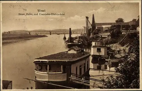 Ak Wesel am Niederrhein, Neuer Hafen, Eisenbahn-Rheinbrücke