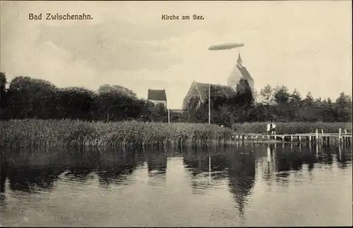 Ak Bad Zwischenahn in Oldenburg, Kirche am See, Zeppelin