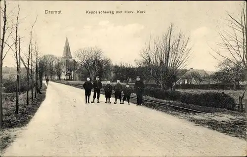 Ak Drempt Gelderland Niederlande, Keppelscheweg mit Kirche