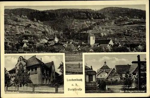 Ak Laudenbach an der Bergstraße, Schule, Kriegerdenkmal, Totalansicht