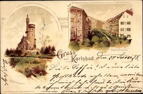 Litho Karlovy Vary Karlsbad Stadt, Blick in die Parkstraße, Stephaniewarte