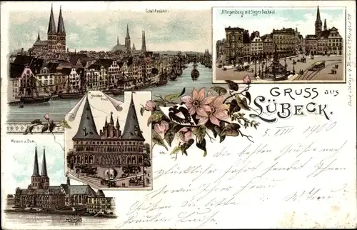 Litho Lübeck in Schleswig Holstein, Klingenberg, Siegesdenkmal, Holstentor, Museum, Dom, Panorama