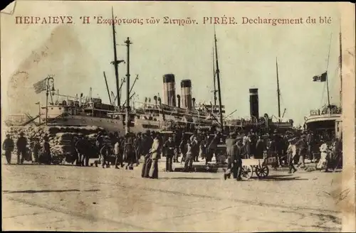 Ak Piräus Griechenland, Hafen, Dampfer, Ausladen von Getreide