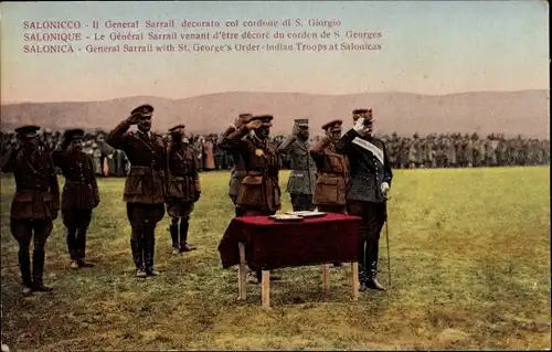 Ak Saloniki Griechenland, französischer General Sarrail, Indische Truppen, St. George's Order