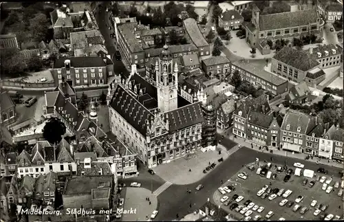 Ak Middelburg Zeeland Niederlande, Fliegeraufnahme, Rathaus, Markt