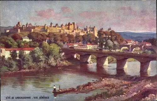 Künstler Ak Carcassonne Aude, Gesamtansicht, Festung, Brücke, Tuck 118 1