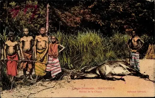 Ak Brazzaville Englisch Kongo, Rückkehr von der Jagd