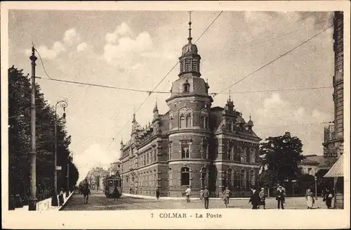 Ak Colmar Kolmar Elsass Haut Rhin, Post, Straßenbahn